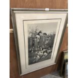 A LARGE FRAMED ENGRAVING OF BEAGLES JUMPING OVER A GARDEN FENCE