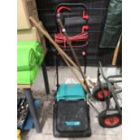 A BOSCH ELECTRIC LAWN MOWER AND VARIOUS GARDENING TOOLS