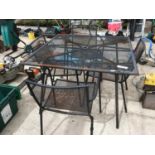 A SQUARE METAL PATIO TABLE WITH FOUR CHAIRS