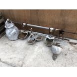 FOUR VARIOUS CALF DRINKERS WITH PIPE AND A GALVANISED MILKING BUCKET