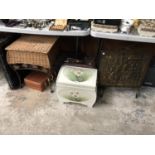 SIX ITEMS - WICKER SIDE TABLE, DOG CAGE, PICNIC BASKET, BRASS FIRE SCREEN, BOX AND BRIEFCASE