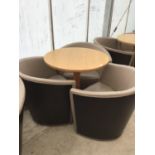 THREE MODERN TUB CHAIRS AND TABLE