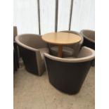 THREE MODERN TUB CHAIRS AND TABLE