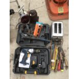 VARIOUS TOOLS AND ELECTRICALS TO INCLUDE A BOXED CORDLESS MC ALLISTER DRILL, INFRA RED LAMP ETC