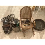 FOUR CAST IRON DRAIN TOPS, FOUR STEERING WHEELS A GALV MOP BUCKET, SEIVE, RATTAN CHAIR ETC