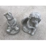TWO CONCRETE FIGURES - ANGEL AND TEDDY