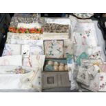 A LARGE COLLECTION OF VINTAGE EMBROIDERY, TABLE CLOTHS ETC