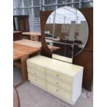 A RETRO MELAMINE DRESSING TABLE WITH THREE SECTION UNFRAMED MIRROR