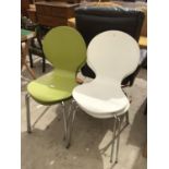 FOUR MODERN PLASTIC DINING CHAIRS - TWO GRREN, TWO WHITE