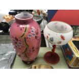 TWO VINTAGE GLASS ITEMS - PINK OVERLAY VASE ETC