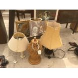 A COLLECTION OF SIX PICTURES AND TAPESTRY AND THREE TABLE LAMPS IN WORKING ORDER