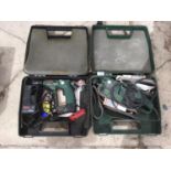 A BOSCH BELT SANDER IN A CASE AND A BOSCH PBM 7-2V-1 CORDLESS DRILL IN CASE WITH BATTERY AND CHARGER