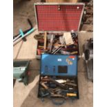 TWO TOOL BOXES TO INCLUDE SCRAPERS, RASPS, SAW, HAMMER, SCREWDRIVER, WIRE BRUSH, ETC