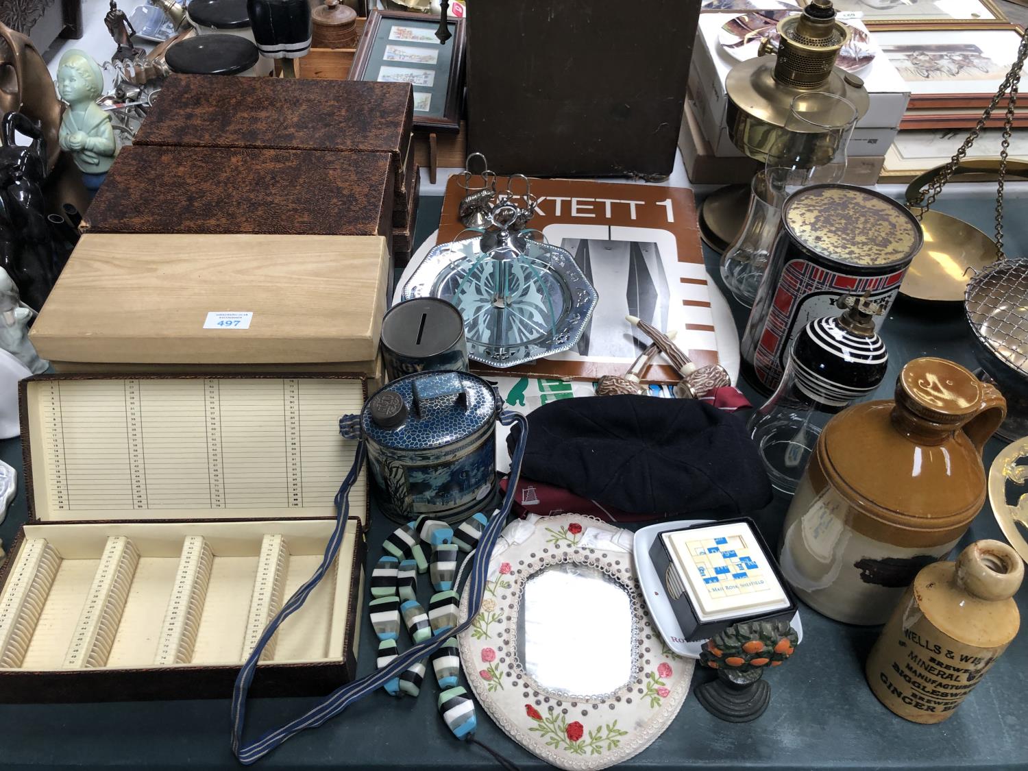 A MIXED GROUP OF ITEMS - EMPTY SPECIMEN BOXES, BRASS OIL LAMP ETC