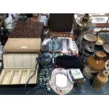 A MIXED GROUP OF ITEMS - EMPTY SPECIMEN BOXES, BRASS OIL LAMP ETC