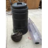 A 'THE COMPOST MACHINE' COMPOSTING BIN, THREE PLASTIC CLOCHE COVERS AND HANGING BASKETS