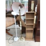 THREE ITEMS - A MODERN STANDARD LAMP, A BRASS STANDARD LAMP AND A TALL TEAK EFFECT CABINET