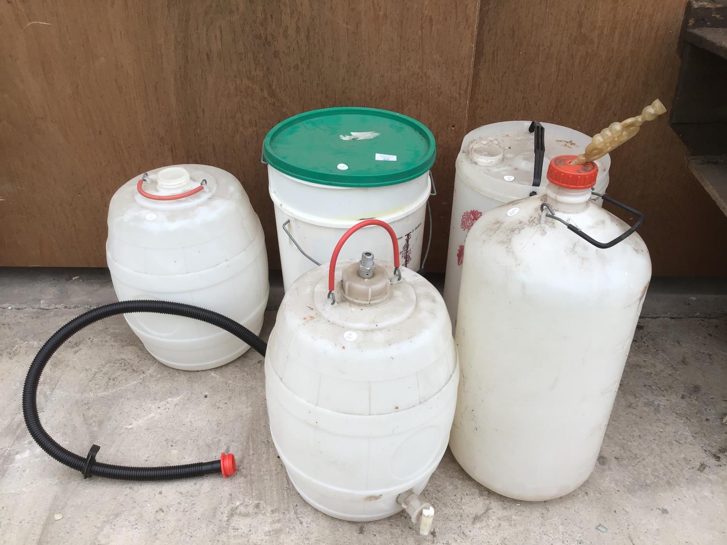 SIX PLASTIC BARRELS AND TUBS FOR BREWING