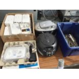 A MIXED LOT TO INCLUDE A NET GEAR ROUTER, A BOX OF TRIDONIC LED DRIVERS, WINDOW CATCHES, CD