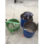 TWO METAL BINS WITH SUIT COVERS AND A VINTAGE BMC ROTARY SOIL SIEVE