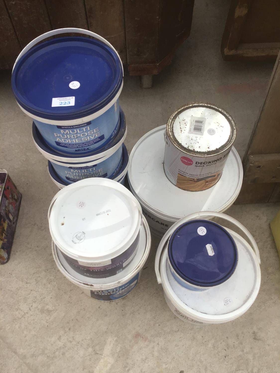 VARIOUS TUBS OF ADHESIVE, DECKING STAIN, ANT POWDER ETC