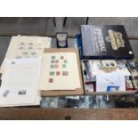 MIXED STAMPS, EMPTY STOCK FOLDER, LOOSE EXAMPLES, NICKEL SILVER CASED COIN, SHEETS ETC