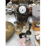 A CERAMIC ORNAMENT OF A LADY, GLASS JAR, CLOCK ETC