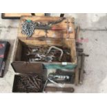 A VINTAGE WOODEN TOOL BOX WITH CONTENETS TO INCLUDE SPANNERS, HAMMERS, COMPRESSOR TOOL, CHAINS ETC