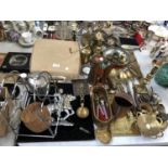 A COLLECTION OF VARIOUS ITEMS TO INCLUDE BRASS AND METAL CANDLE STICKS, JARS ETC