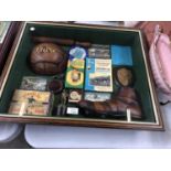 A LARGE GLASS AND WOODEN CASED FOOTBALL MEMORABILIA DISPLAY