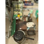 A LOT OF VINTAGE ITEMS TO INCLUDE PANS, PICNIC HAMPER, SCALES, BAKING TINS, SODA SYPHONS ETC