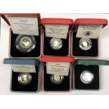 SIX CASED SILVER PROOF COINS, - 5 X £1 AND 1 X 50P