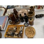 A MIXED COLLECTION OF ITEMS TO INCLUDE GLASS BOTTLES, JARS, FLATWARE ETC