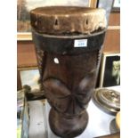 A VINTAGE TWO FACED WOODEN TRIBAL DRUM