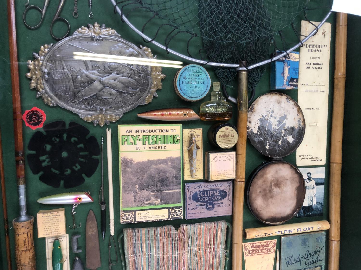 A LARGE GLASS AND WOODEN CASE FISHING EQUIPMENT DISPLAY - Image 3 of 4