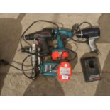 A COLLECTION OF TOOLS TO INCLUDE A MAKITA DRILL WITH BATTERY AND CHARGER, SNAP ON DRILL, WITH