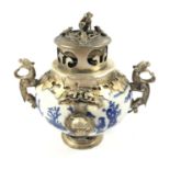 A CHINESE BLUE AND WHITE PORCELAIN LIDDED INCENSE BURNER WITH WHITE METAL MOUNTS, MARKED TO BASE,