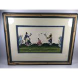 A 19TH CENTURY CHINESE SILK HAND PAINTED PICTURE, 34 X 44 CM (BAMBOO OVERLAY FRAMED)