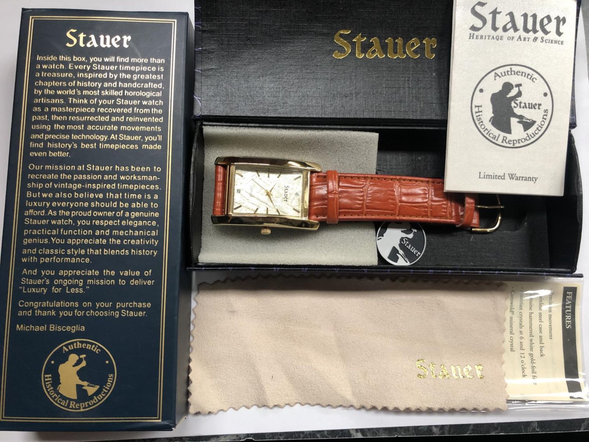 A GENTS LIMITED EDITION 'STAUER' TANK STYLE WATCH, AS NEW AND BOXED