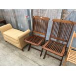 THREE ITEMS - TWO FOLDING GARDEN SEATS AND A UPHOLSTERED STOOL