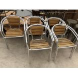 FIVE METAL AND WOODEN SLATTED CAFE CHAIRS