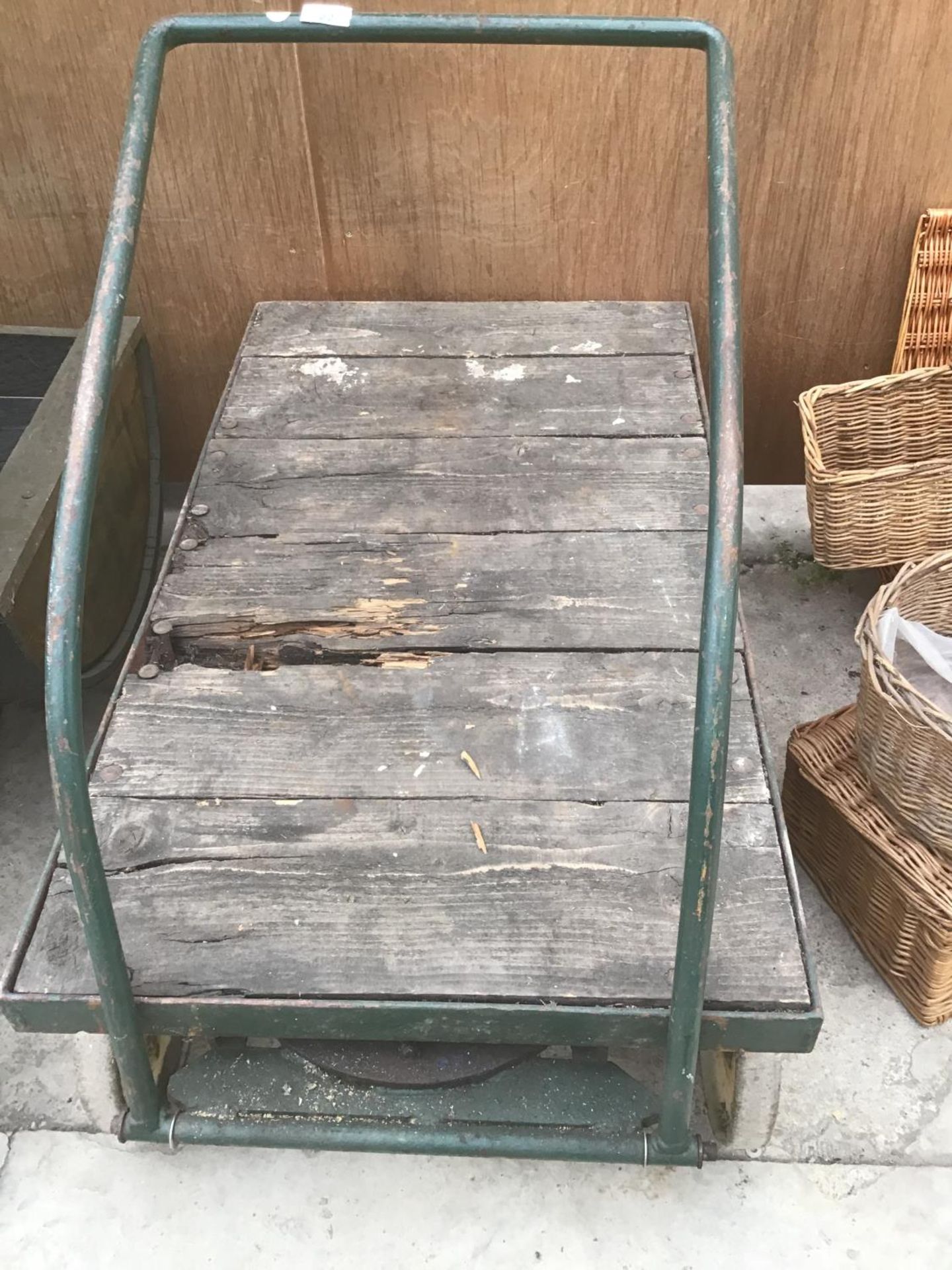 A VINTAGE FOUR WHEELED WOODEN TRUCK WITH METAL WHEELS - Image 2 of 2