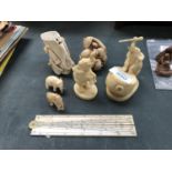 A MIXED GROUP OF ORIENTAL ITEMS, BONE ELEPHANT FIGURES, RULER ETC