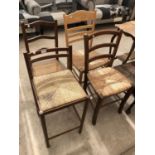 A MAHOGANY STOOL AND THREE VARIOUS DINING CHAIRS