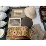 AN ASSORTED GROUP OF ITEMS TO INCLUDE FRAMED VINTAGE PHOTOS, VINTAGE CLOTHING ETC