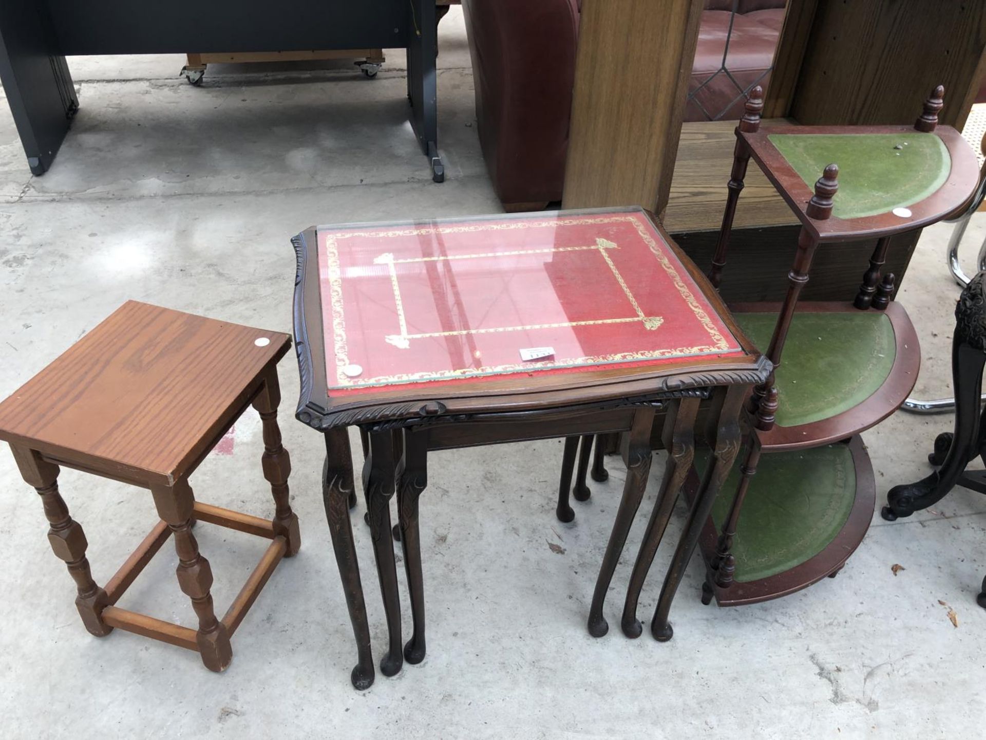 THREE ITEMS - WHATNOT STAND, NEST OF TABLES AND SIDE TABLE