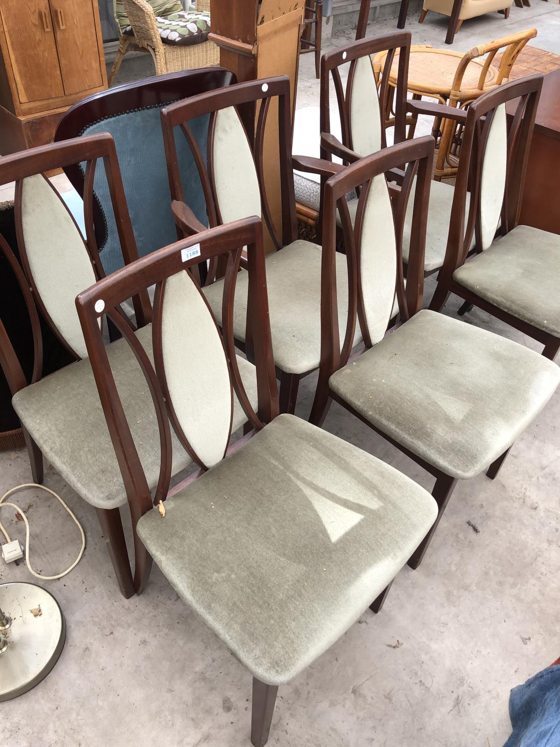 FOUR G PLAN MAHOGANY DINING CHAIRS AND TWO MATCHING CARVERS