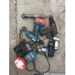 A COLLECTION OF TOOLS TO INCLUDE A MAKITA DRILL WITH BATTERY AND CHARGER, SNAP ON DRILL, WITH