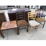 A TILE TOP COFFEE TABLE AND THREE VARIOUS DINING CHAIRS