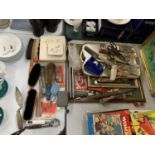A COLLECTION OF ITEMS TO INCLUDE UTENSILS, BRUSHES ETC